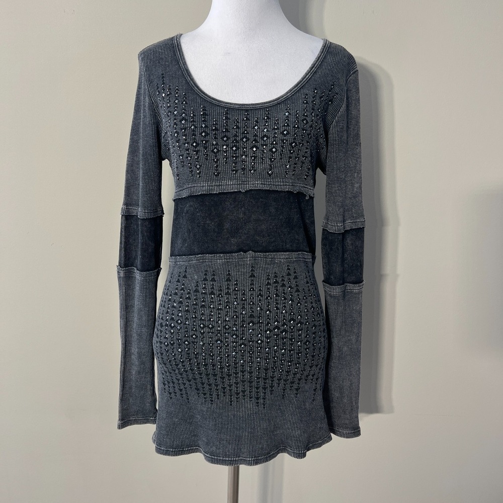 VOCAL Y2K Thermal Top Womens Medium Gray Studded Embellished 2000s Goth Grunge M
